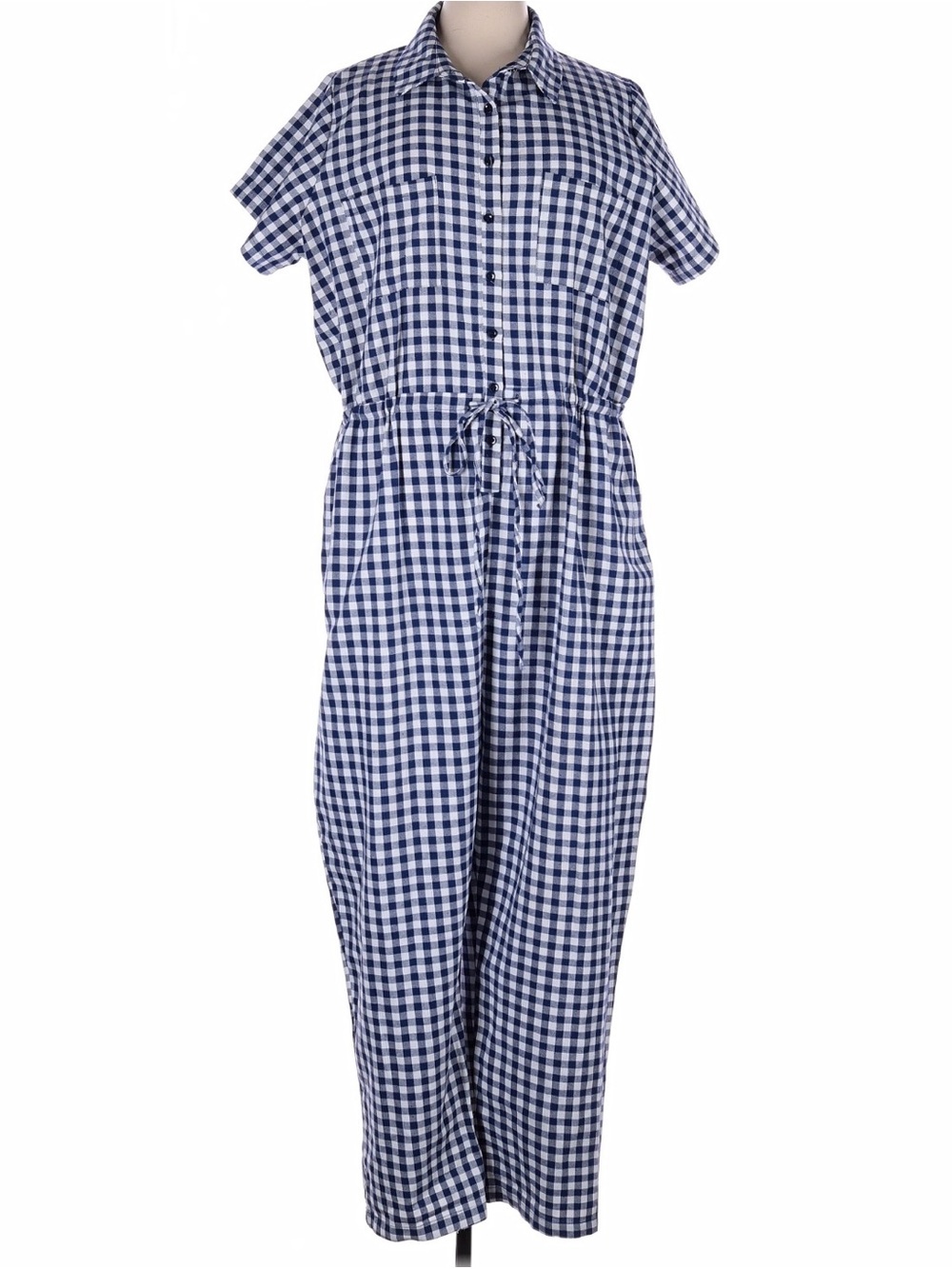 Blue Gingham Button-Front Jumpsuit